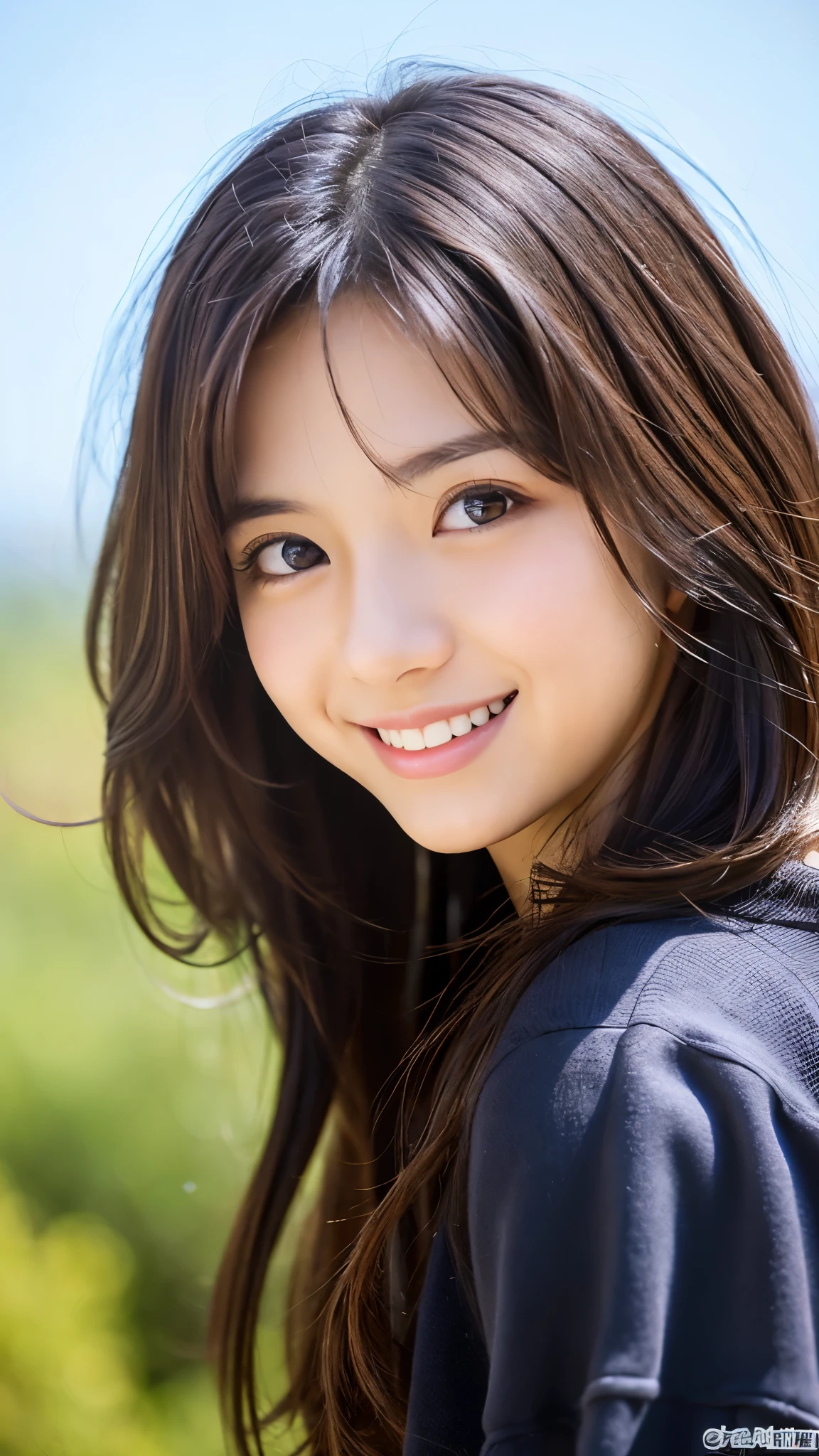 Image resolution 8K, masterpiece:1.3), Beauty, 1girl, (Attractive body:1.2), abdomen:1.1, Dark Brown Hair:1.1, (body:1.2), Ultra-detailed face, Attractive lips, double eyelid, casual clothes, Super realistic and detailed and super cute, Japanese women, 10th generation(18-year-old), Smiling with a nice smile, Hair fluttering in the wind, 