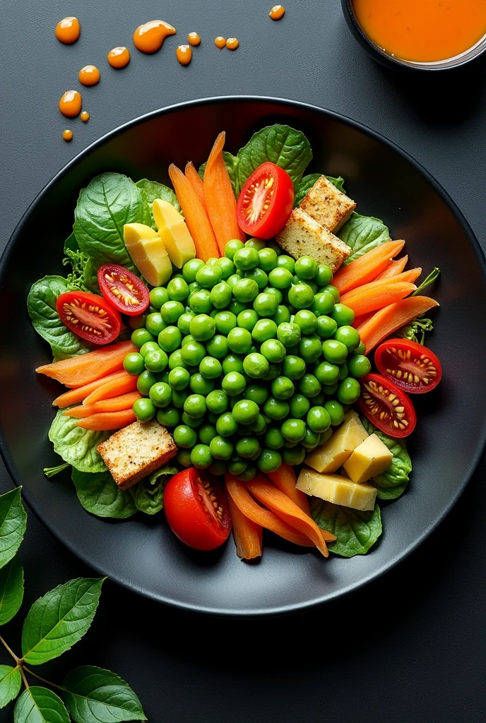 Photo realistic plate with peas Accompaniment of carrot, tomato, lettuce, tofu and a sour sauce. It looks delicious and the photo taken from above shows the whole pla, plate black