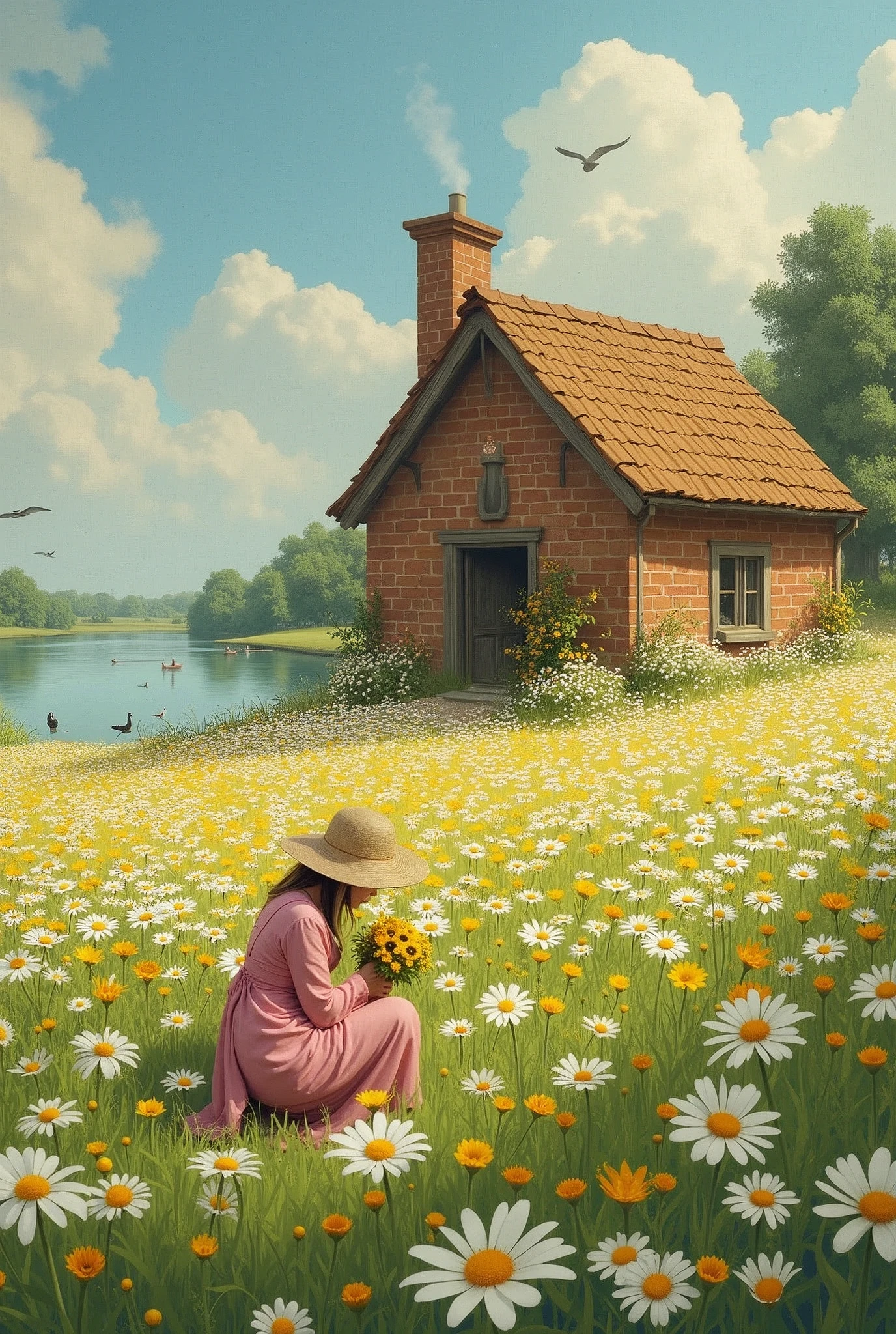 Image Description:

General Scenario:

A vast field covered in white and yellow daisies, creating a colorful carpet of flowers.
No fundo, a simple and charming little house, built with visible bricks. The little house has a thatched roof or ceramic tiles.. From the chimney of the house, a small column of smoke comes out, indicating that there is a fire burning inside.
The Little House:

The little house is small, with a rustic and cozy appearance. The walls are made of red bricks, and the chimney is located on one side of the roof.
The window has simple curtains and there are flowers in vases next to the window..
The Peasant Woman:

A peasant woman is picking flowers in the field. She is wearing a pink dress, simple and elegant. The dress has a fitted waist and an ankle-length.. She wears a straw hat to protect herself from the sun..
The peasant woman is crouching or standing, with a bouquet of daisies in one hand and, Perhaps, a basket on the side.
The Lake and Geese:

A calm and clear lake is located near the little house.. The lake is surrounded by lush green grass.
Some geese are swimming in the lake or wandering around the shores.
A Grama:

The ground around the little house and the lake is covered in vibrant green grass.. Small details such as insects or butterflies can be present to give an extra touch of life..
