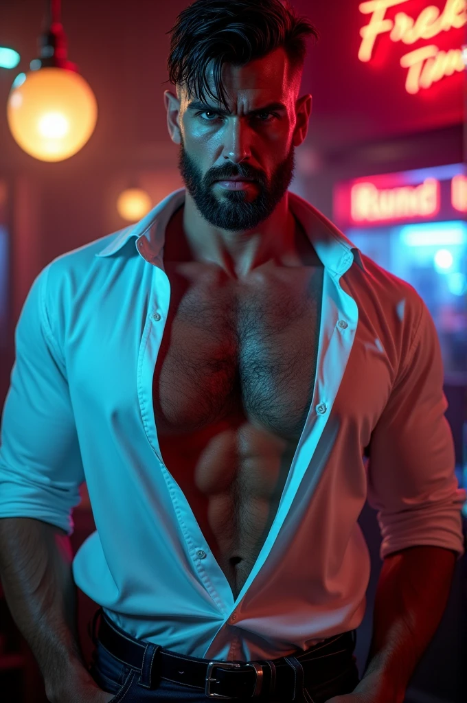 1 daddy lad, solo touching , muscular male, daddy 37yo, macho, large hairy pectorals, male focus, middle-aged man, seductive face, black hair, short hair, a strand of hair on forehead, blue eyes,looking nasty and smiling, slin waist, down view of chest, oppening his white formal shirt, upper body shot, night neon pub.