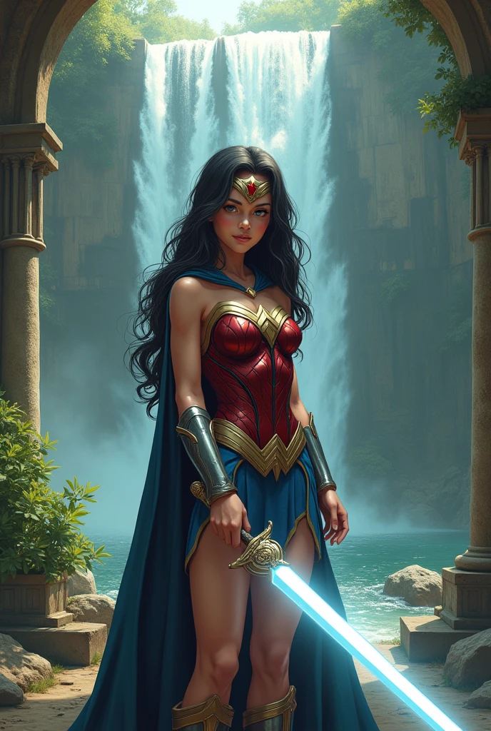 @Legion of I.a:Daughter of Batman and Wonder Woman 15 years old , dc comic style, white sword with moon shaped crystal , temisera sanctuary background 8k quality