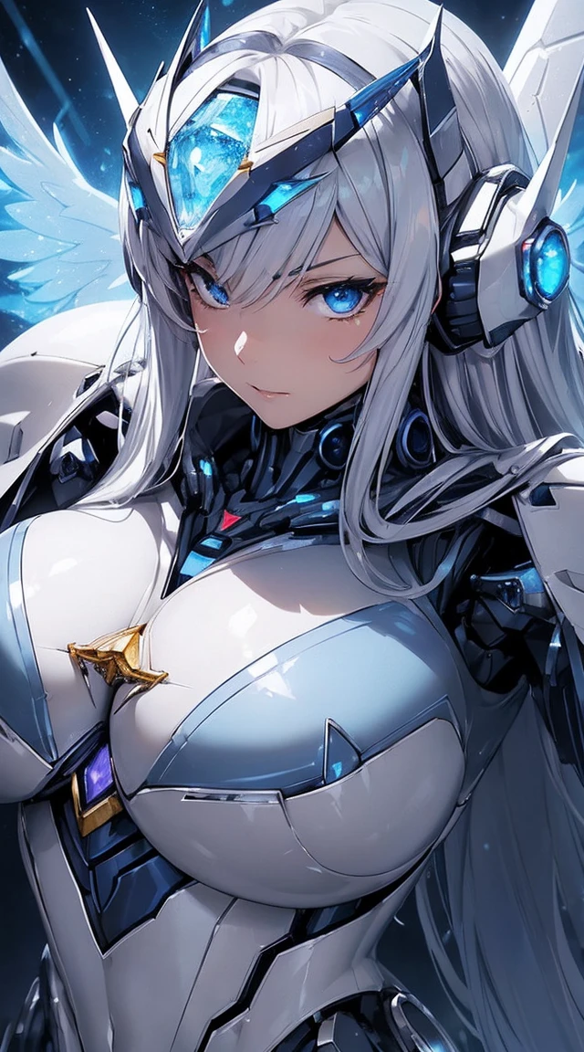 ((Extreme close up:1.6))、(((Shining lenses on both breasts:1.3)))、((Blue pillars of light are emanating from both chests...:1.3))、break、(((Dynamic pose:1.8)))、smile、((8k)), ((32K)), ((Highest quality)), ((masterpiece)), ((Ultra-high resolution)), ((Tmasterpiece)), ((Halation:1.4))、((Mechaニカルheadgear:1.2))、((Cyber Headphones:1.3))Fine skin, High quality fabric, High-quality metal texture、((Beautiful and dense face))、RAW Photos、Professional, Ultra-fine painting, ((alone)), Beautiful breasts、Highest quality, Very detailed, Very detailed詳細, Finer details, so beautiful, ((Princess Knight Robot:1.2)),  (Joints of machines, Mechanical Limbs:1.3), (The internal structure of the machine is exposed:1.3), (Long silver hair:1.1), (Beautiful and huge mechanical breasts)、White Veil, cowboy_shot, Side Focus, headgear, Shiny、(Five Fingers, Four fingers and thumb),Concept Art, Anime fantasy artwork, Detailed fantasy art, (with pale blue-violet hair and large white wings,,,,,,,,,), (((Long silver hair))), (Mecha:1.6)、Sleek and intimidating design, ((Commander-in-Chief&#39;arm)), (Perfect robot body)、純白と青紫のarmまたは, Symmetrical wings, 8k高解像度, Detailed Art, 8kでのキャラクターアートの3Dレンダリング, neat legs, Defined, Defined fingers,((headshot:1.3))