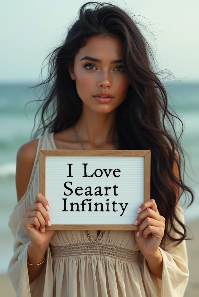 Beautiful girl with wavy long hair, bohemian dress, holding a white board with text "I Love Seaart Infinity" and showing it to the viewer