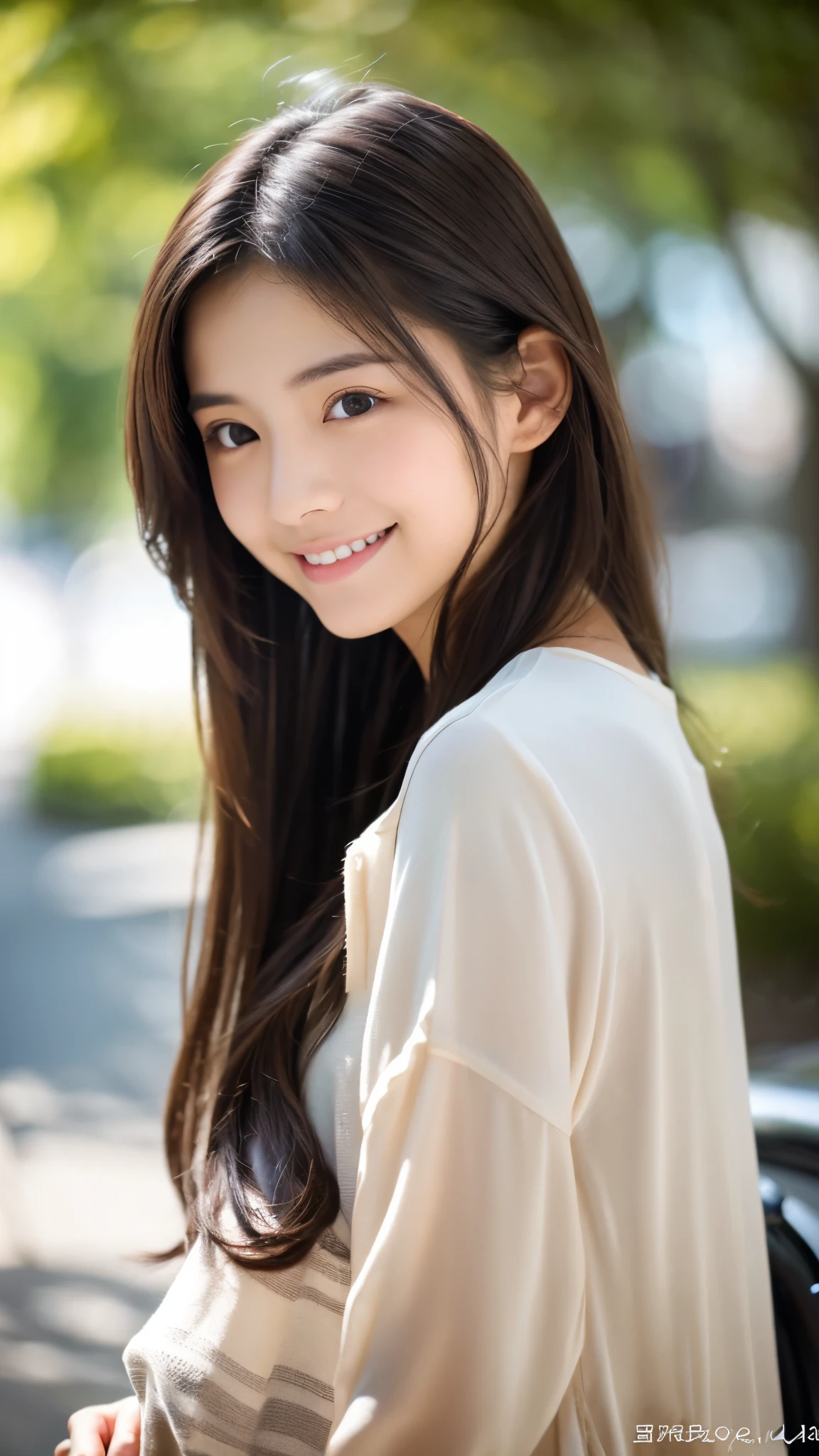 Image resolution 8K, masterpiece:1.3), Beauty, 1girl, (Attractive body:1.2), abdomen:1.1, Dark Brown Hair:1.1, (body:1.2), Ultra-detailed face, Attractive lips, double eyelid, casual clothes, Super realistic and detailed and super cute, Japanese women, 10th generation(18-year-old), Smiling with a nice smile, Hair fluttering in the wind,