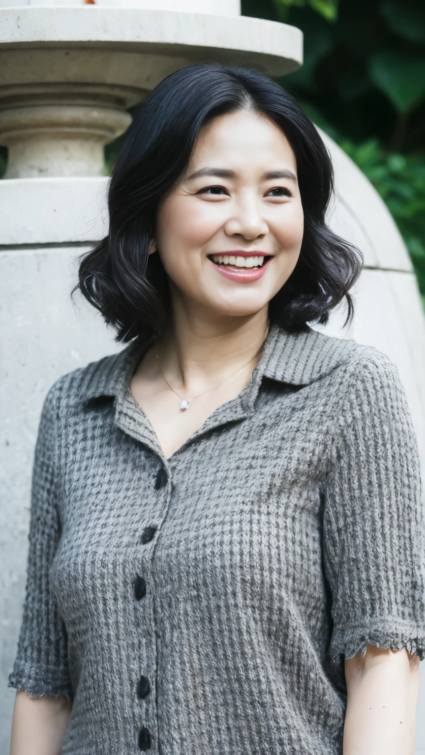 最high quality, In 8K, whole body, Real, Upper Body, high quality, High resolution, Detailed face, Detailed eyes, Thick lips, (Look at the viewers), alone, Middle-aged women, , 60 years old, , Wavy Hair, , Wearing short sleeves, Standing in front of a fountain, Wrinkles around the eyes, Smiling with teeth showing, Background Blur