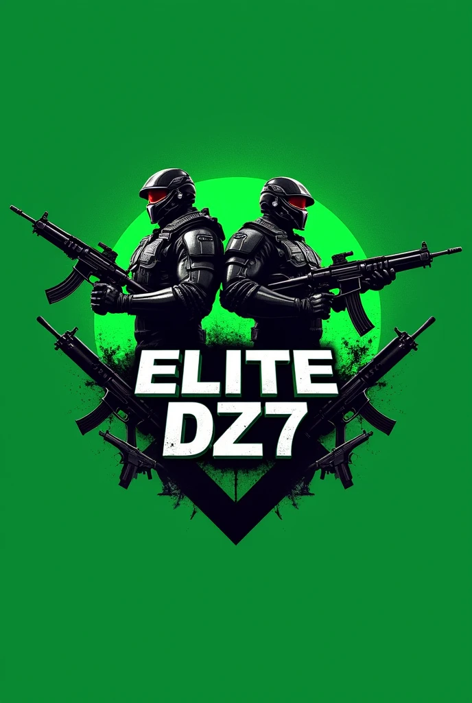 Create a stylish and striking green background logo with weapons and characters with the name ELITE DZ7 