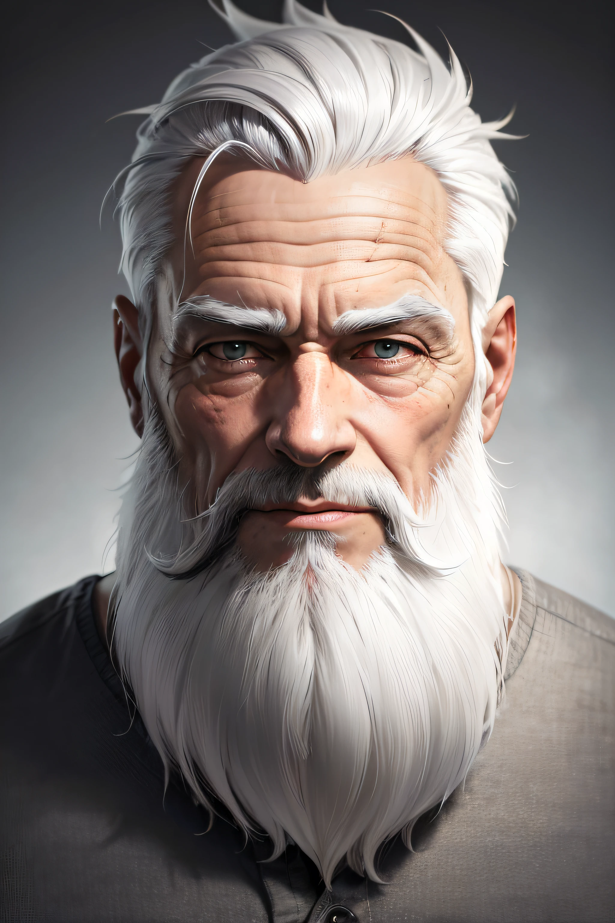 Old man with gray white hair and beard High resolution black and white image, Add some subtle scars on his face and some very realistic details also add some shadow