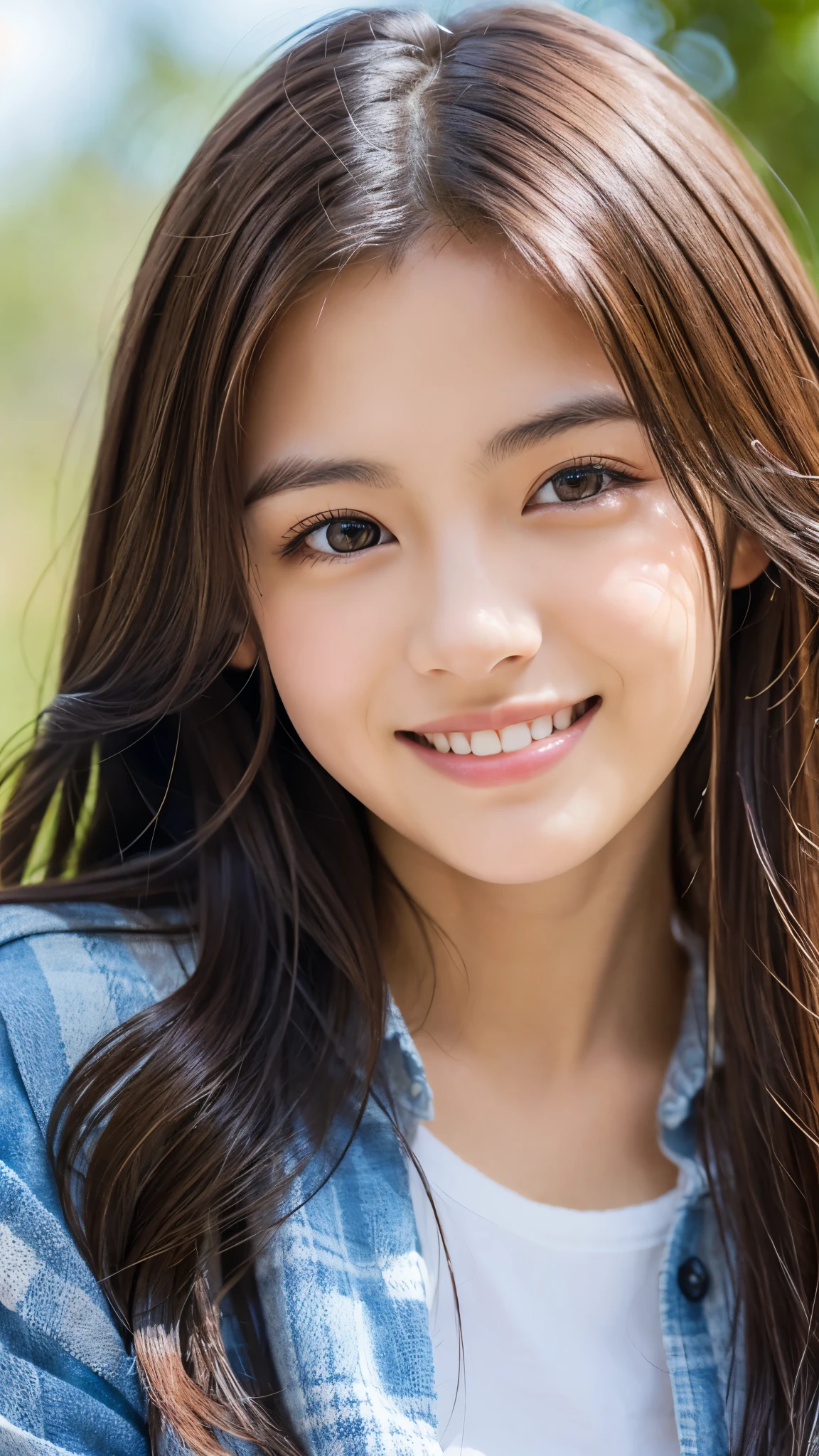 Image resolution 8K, masterpiece:1.3), Beauty, 1girl, (Attractive body:1.2), abdomen:1.1, Dark Brown Hair:1.1, (body:1.2), Ultra-detailed face, Attractive lips, double eyelid, casual clothes, Super realistic and detailed and super cute, Japanese women, 10th generation(18-year-old), Smiling with a nice smile, Hair fluttering in the wind,