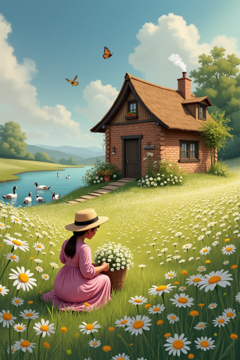 Image Description:

General Scenario:

A vast field covered in white and yellow daisies, creating a colorful carpet of flowers.
No fundo, a simple and charming little house, built with visible bricks. The little house has a thatched roof or ceramic tiles.. From the chimney of the house, a small column of smoke comes out, indicating that there is a fire burning inside.
The Little House:

The little house is small, with a rustic and cozy appearance. The walls are made of red bricks, and the chimney is located on one side of the roof.
The window has simple curtains and there are flowers in vases next to the window..
The Peasant Woman:

A peasant woman is picking flowers in the field. She is wearing a pink dress, simple and elegant. The dress has a fitted waist and an ankle-length.. She wears a straw hat to protect herself from the sun..
The peasant woman is crouching or standing, with a bouquet of daisies in one hand and, Perhaps, a basket on the side.
The Lake and Geese:

A calm and clear lake is located near the little house.. The lake is surrounded by lush green grass.
Some geese are swimming in the lake or wandering around the shores.
A Grama:

The ground around the little house and the lake is covered in vibrant green grass.. Small details such as insects or butterflies can be present to give an extra touch of life..
