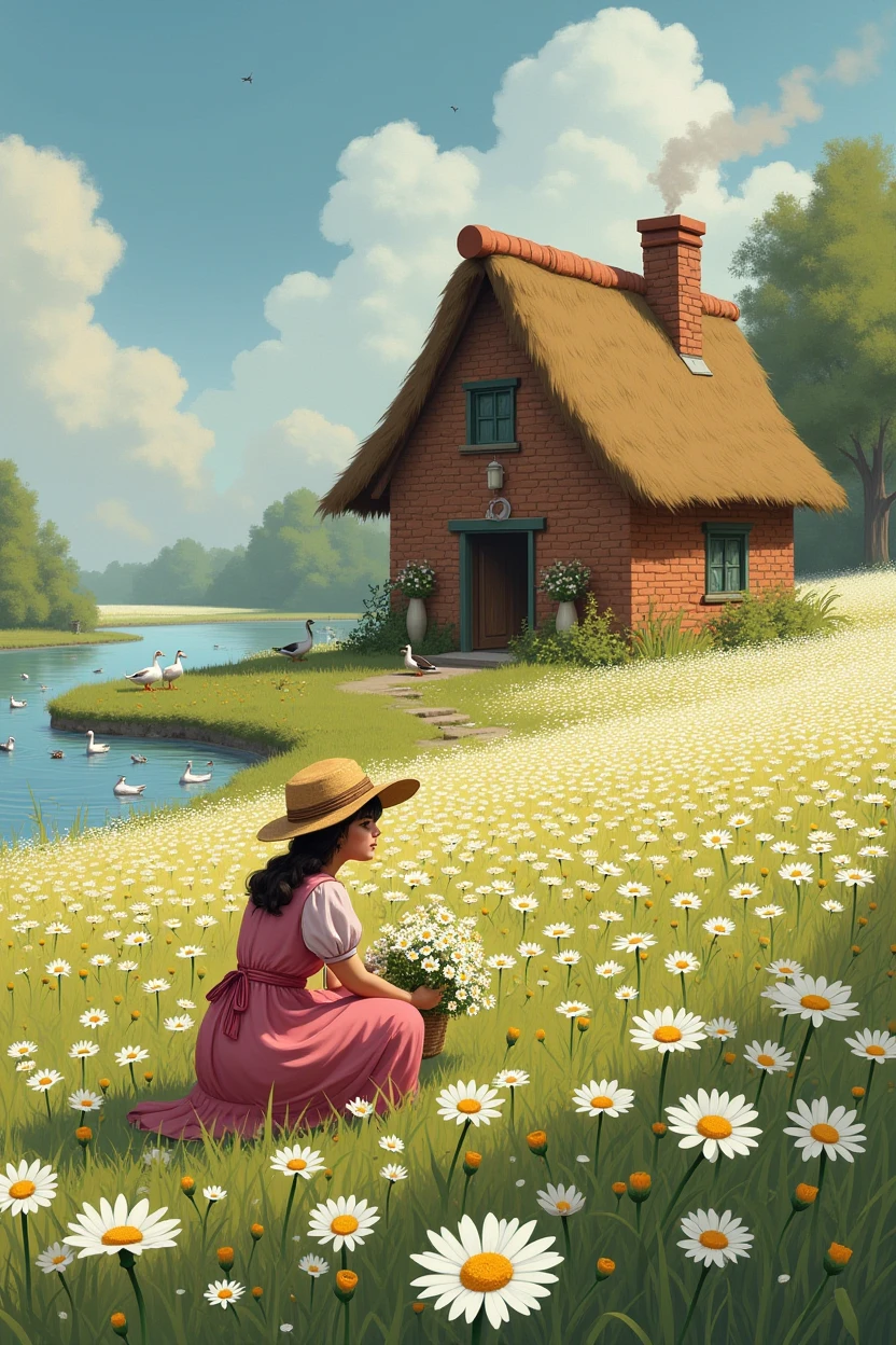 Image Description:
General Scenario:
A vast field covered in white and yellow daisies, creating a colorful carpet of flowers.
No fundo, a simple and charming little house, built with visible bricks. The little house has a thatched roof or ceramic tiles.. From the chimney of the house, a small column of smoke comes out, indicating that there is a fire burning inside.
The Little House:
The little house is small, with a rustic and cozy appearance. The walls are made of red bricks, and the chimney is located on one side of the roof.
The window has simple curtains and there are flowers in vases next to the window..
The Peasant Woman:
A peasant woman is picking flowers in the field. She is wearing a pink dress, simple and elegant. The dress has a fitted waist and an ankle-length.. She wears a straw hat to protect herself from the sun..
The peasant woman is crouching or standing, with a bouquet of daisies in one hand and, Perhaps, a basket on the side.
The Lake and Geese:
A calm and clear lake is located near the little house.. The lake is surrounded by lush green grass.
Some geese are swimming in the lake or wandering around the shores.
A Grama:
The ground around the little house and the lake is covered in vibrant green grass.. Small details such as insects or butterflies can be present to give an extra touch of life..