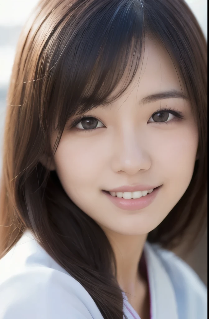 best quality, face focus, soft light, ultra high res, (photorealistic:1.4), RAW photo, Shinozaki Ai, white skin, kawaii,
1 Japanese girl, solo, cute, (smile), (pupil, lights in the eyes),  detailed beautiful face, Medium-sized breasts,(high resolution detail of human skin texture),(long hair),(portrait), upper body, white traditional kimono, 