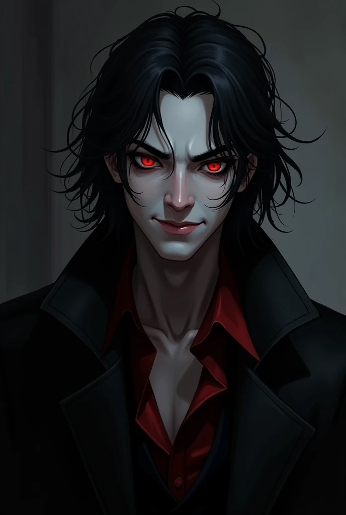 create a male vampire character with black hair, a smirk, slanted and red eyes, pale skin, with an overcoat. in a dark place