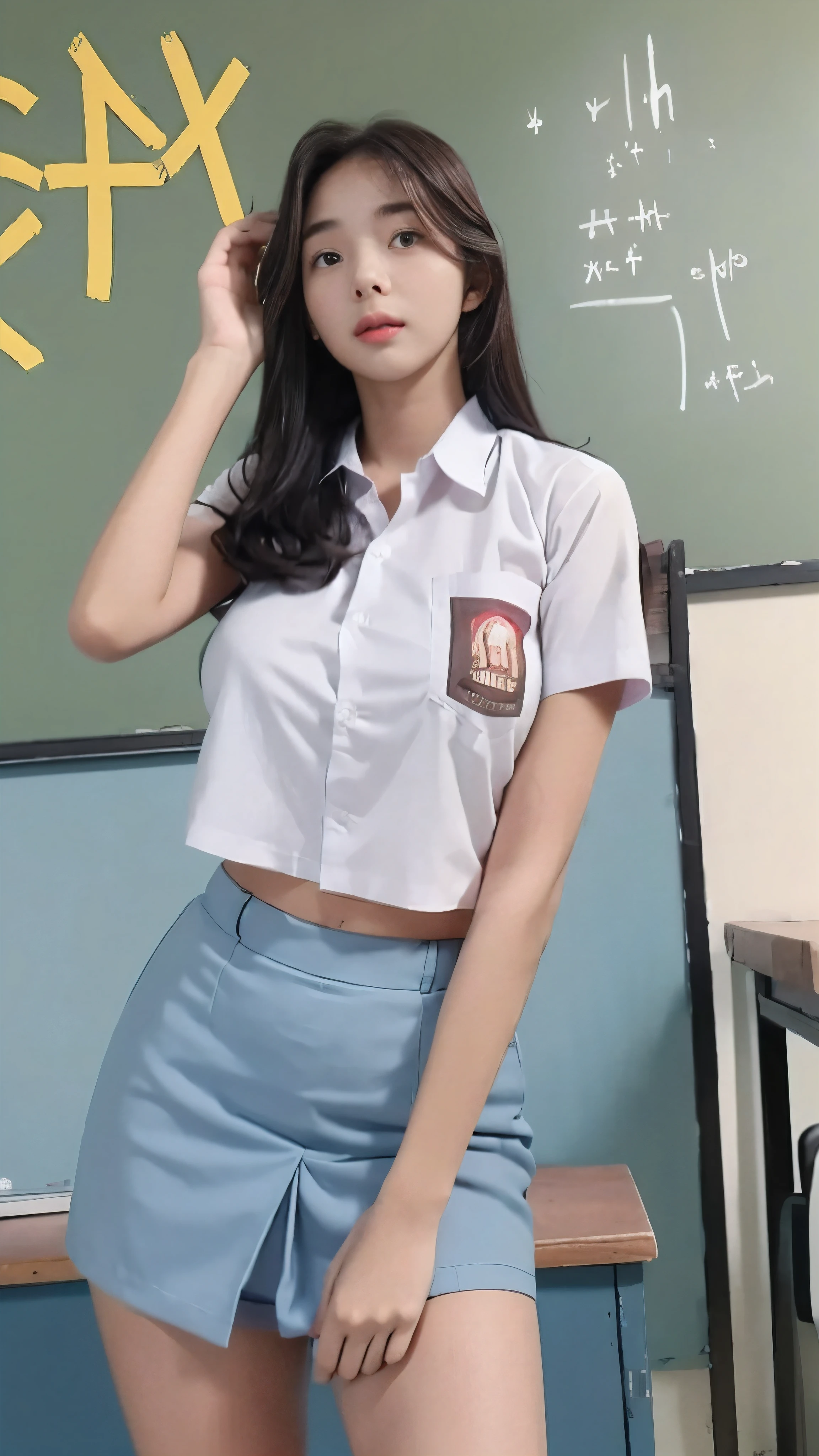 multiple girl, 2gorl, RAW, Best quality, high resolution, masterpiece: 1.3), Beautiful young java woman ((hand hanging smartphone)), vurious seductive pose, standing reading book, open legs, sensual body, big breasts, Best quality, high resolution, Masterpiece: 1.3, Masterpiece, ((At classroom with whiteboard)), highres, 4k, HDR, 1girl, photorealistic, realistic, big breasts, ((whole body)) turning away facial at viewer, closeup, faint smile, ((crop shirt)) and pencil skirt