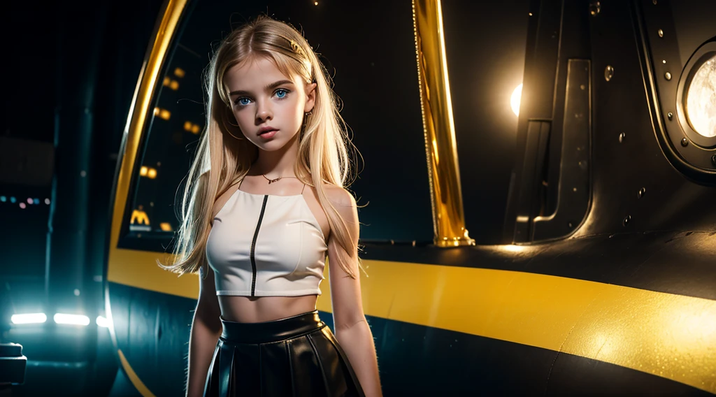 A young white European girl wearing a black crop top and gold short skirt. She is inside a submarine. professionally color graded, professional photography, well drawn, masterpiece, hyper realistic, ultra detailed, high quality, best quality, 4k, 8k, hi resolution, very young girl, young face, cute, beautiful, . photorealistic,