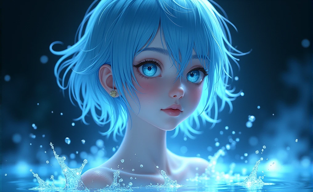 The image shows a younger BOY with delicate, androgynous features. The person has pale and smooth skin, with a serene and dreamy expression. His eyes are an intense and bright blue, with a look that seems lost in deep thoughts.
 The person's hair is short, flowing, and a bright blue that appears to be made of liquid light. It is soaked and falls in clumps that blend into the background, giving a sense of movement and fluidity.
There is an ethereal lighting effect surrounding the person. Flashes of blue and white light spread across the image, as if the person is surrounded by water or some kind of magical energy. Light reflections on the skin and hair reinforce this feeling that the person is made of a liquid or crystalline material.
The background is dark, which makes the light effects stand out even more. There is a play of light and shadow that adds depth and mystery to the scene.
The style is very detailed and realistic, with a fantastic touch. The use of cool colors and lighting effects creates a dreamy and otherworldly atmosphere.