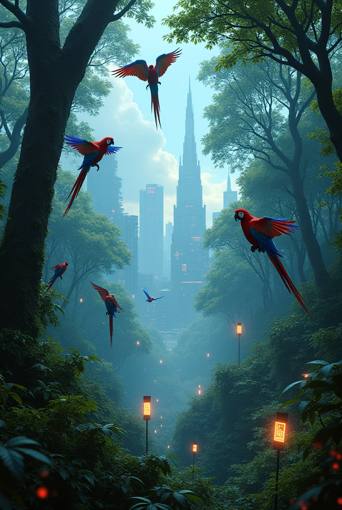Create an image to use as a background for an electronic music LINE. It must have a forest theme, with macaws and at the same time a cyberpunk style. Leave the image with only one vanishing point and add dystopian elements
