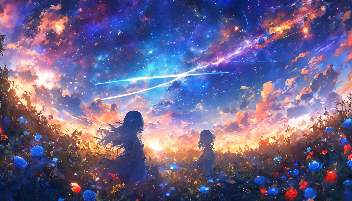 masterpiece, Concept Art, Panorama, in the center, shape, Wide Shot, garden, night, (meteor), Space galaxy background, (Great composition, Epic Scale), Dynamic Lighting, Bright colors, Blue rose,Landscape Long Eyelashes, Round eyes, Silver Hair, Half-closed eyes, sad, Cast a Shadow, Anaglyph, Stereogram, tachi-e, Atmospheric perspective, Wide Shot, reflected light, 8k, Super Detail, Highest quality, Anatomically correct