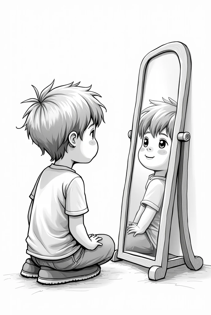 aa boy looking into a mirror, line art, black and white

