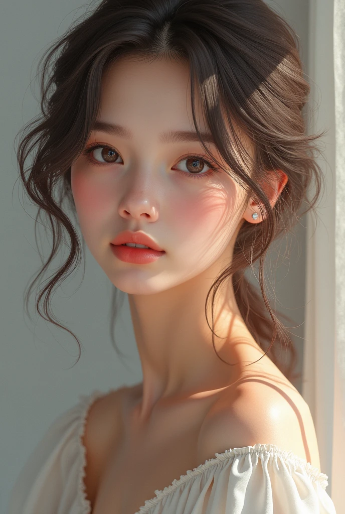 The image of a 20-year-old woman, 170 cm tall, thin face light eyes light wavy hair 