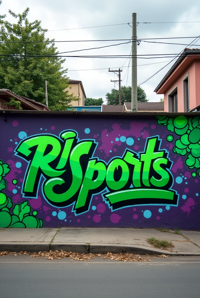 I need a background photo with street art in green and purple colors., on the wall written RJ Sports, in some suburb background