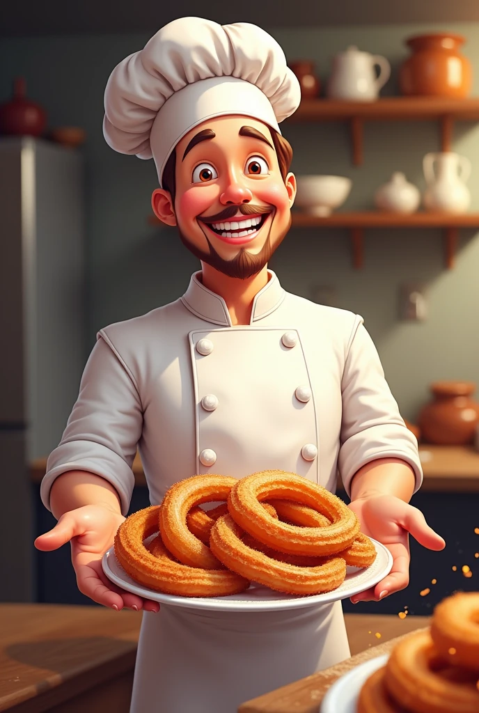 Help me generate a logo that contains a happy chef with some churros