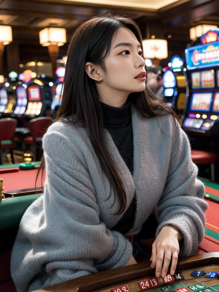 profile, 1 girl, mature female, solo ,beautiful face, Japanese girl , play gamble, in casino, skill is master ,No 1 of Hong Kong,glaring, angry, sitting play on chair, play Slot machine, Surrealism, UHD, masterpiece, accurate, anatomically correct, textured skin, ((masterpiece, Highest quality, masterpiece, God-like quality, Godly art, Very realistic))