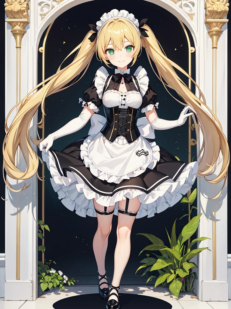 masterpiece, best quality, extremely detailed, anime, 1girl solo girl, 14 year old woman, longhair, blonde, green eyes, french maid, latex, laced corset with black lacing, white underbust, white apron, frill, mini skirt, black layered skirt, white skirt, black garter belt, black stockings, high-heeled shoes, short sleeves, elbow gloves, white gloves, slender, small breast, slightly slimmer thighs, beautiful detailed face and eyes, fearless, smile, standing figure, full body, no background