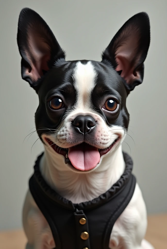 Image of a Chilean terrier dog wearing a black and white French bulldog costume, where they are noticed as if it were a hood, the bulldog's black ears