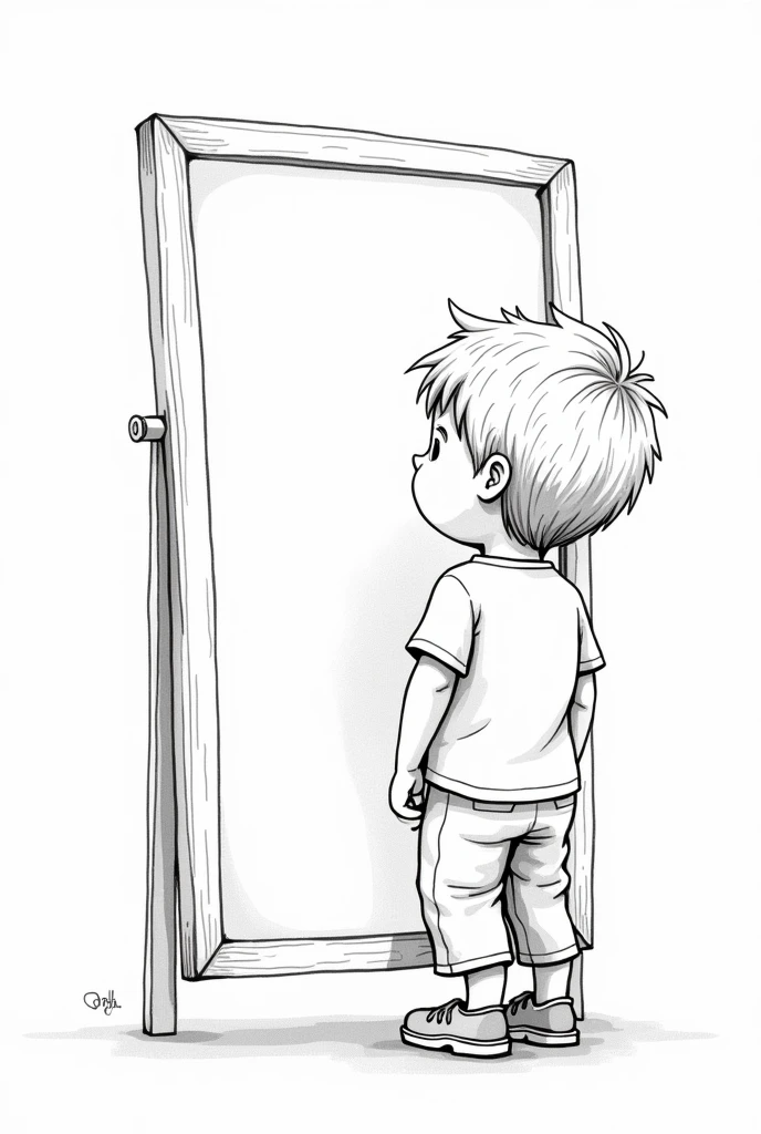 aa boy looking into a mirror, line art, black and white
