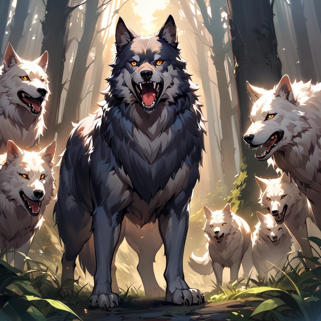 a group of large wolves in a dark forest in the middle of the pack stands a large black female wolf with orange eyes staring at viewer, growling and chasing viewer