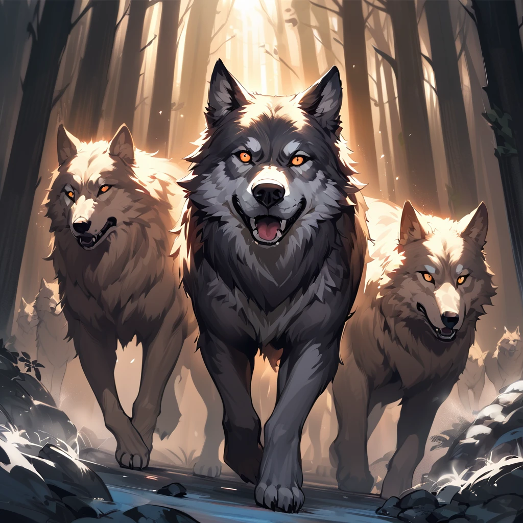 a group of large wolves in a dark forest in the middle of the pack stands a large black female wolf with orange eyes staring at viewer, growling and chasing viewer