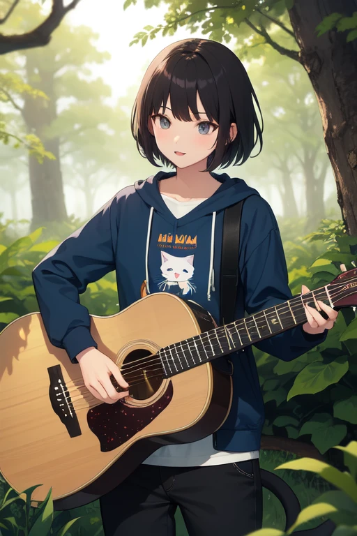 Create a cat with an acoustic guitar in a forest. The cat must be gray.