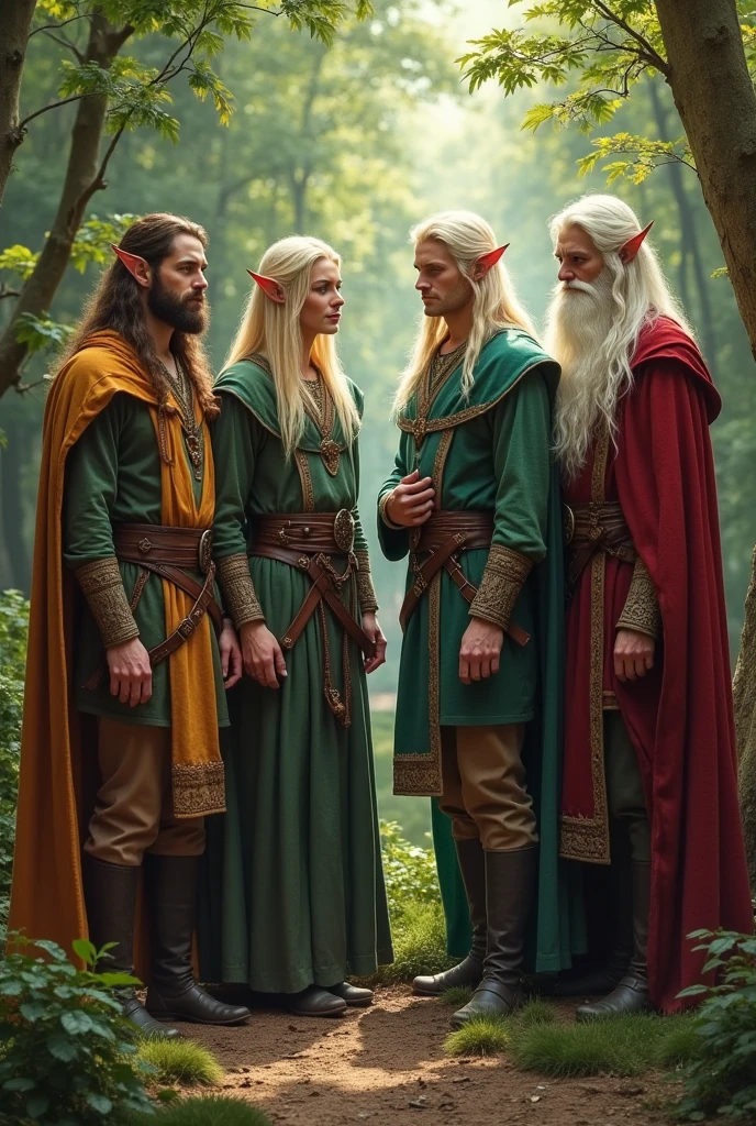 4 male elfs representing each season, dungeons and dragos, high elf, nature