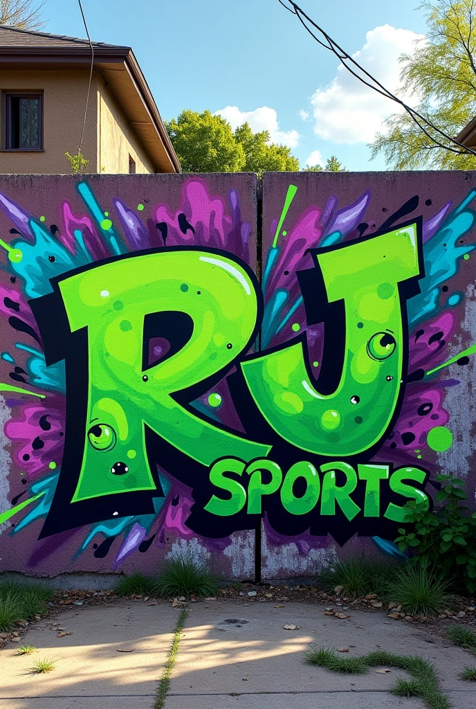 I need a background photo with street art in green and purple colors., on the wall written RJ Sports, in some suburb background, some really dirty art