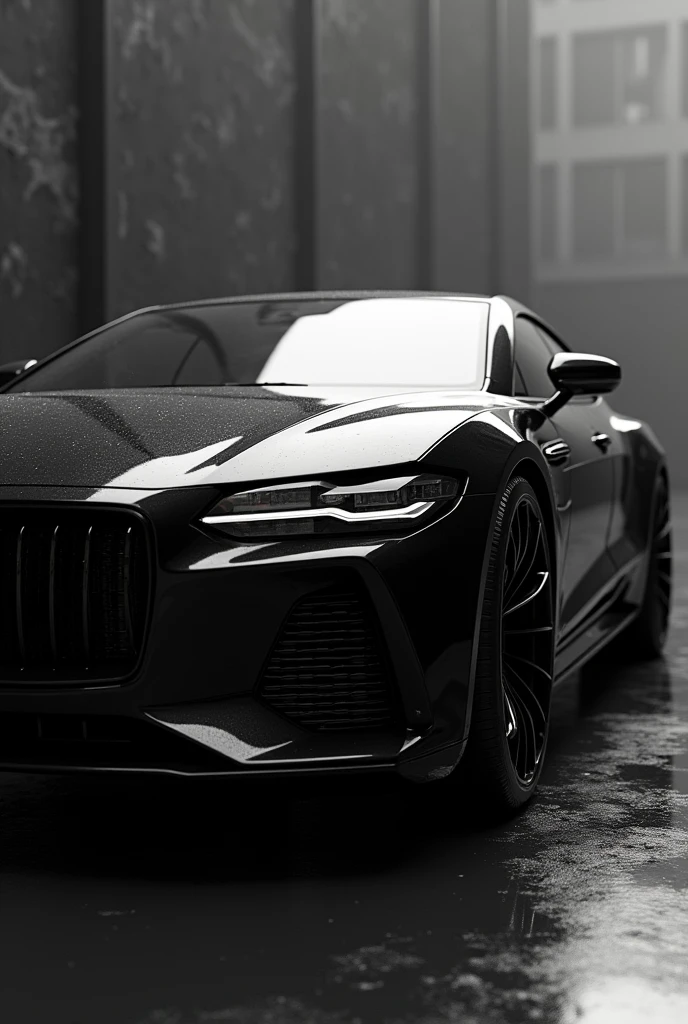 Generate a black and white image of a car with bulletproof glass