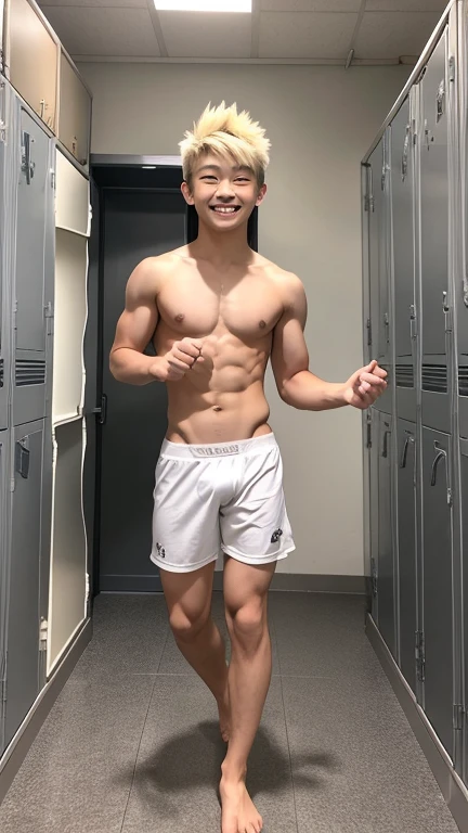 Japanese men、、Well-developed muscles and smooth skin、Spiky light blonde hair、fearless smile、Boxer briefs、The whole body is visible from toes to head、locker room、