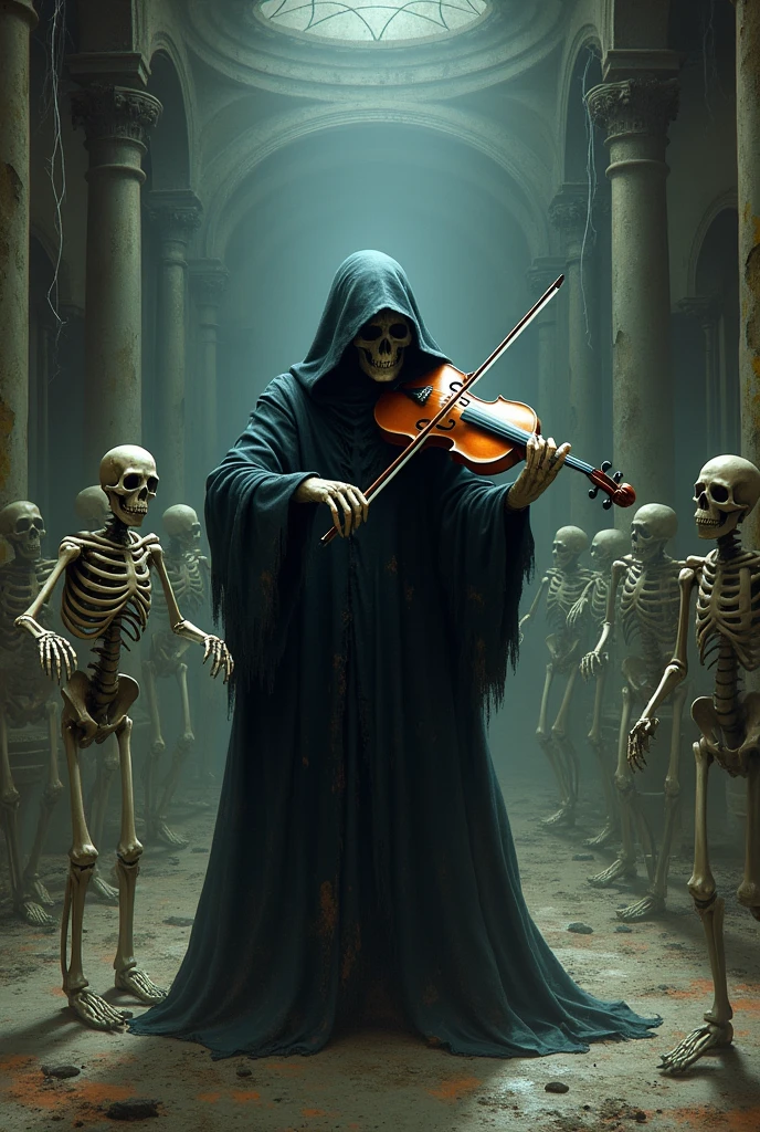 arafed image of a skeleton playing a cello with a skeleton sitting on the back, an album cover by Santiago Caruso, trending on Artstation, gothic art, just art for dark metal music, grim dark orientalism, the god of music, eerie music, masterful composition!!!, the harbringer of death, cultist, ((((occult art))))