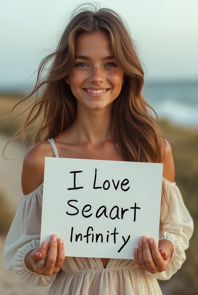 Beautiful girl with wavy long hair, bohemian dress, holding a white board with text "I Love Seaart Infinity" and showing it to the viewer