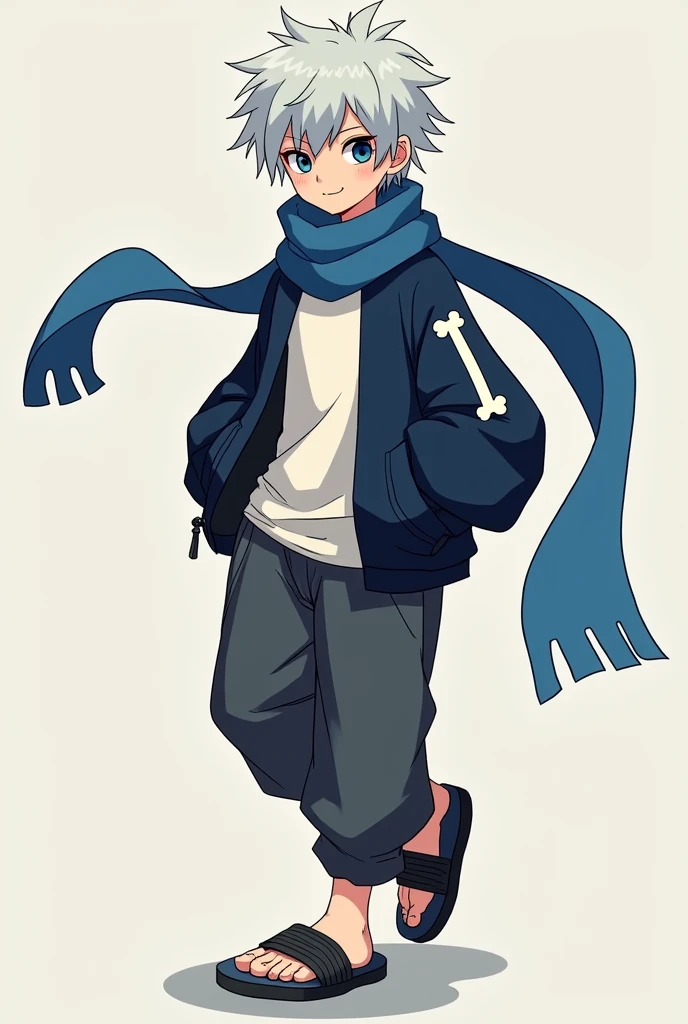 Sans is a 12-year-old boy with a slim build and average height.. He has short, messy, ash-white hair., which gives it a distinctive air. His eyes are large and deep blue., reflecting both his intelligence and his playful personality.CLOTHES:
Instead of his classic blue sweatshirt, Sans wears a dark blue shinobi-style jacket with black details.. The jacket design includes a bone symbol on the shoulder, giving a nod to its original heritage. under the jacket, He wore a simple white t-shirt. His pants are baggy and dark grey in color., typical of ninjas, allowing you to move easily. on your feet, He wears the characteristic sandals of the ninjas of the world of Naruto.. besides, He wears a blue scarf that adds a touch of style and flows behind him when he runs..