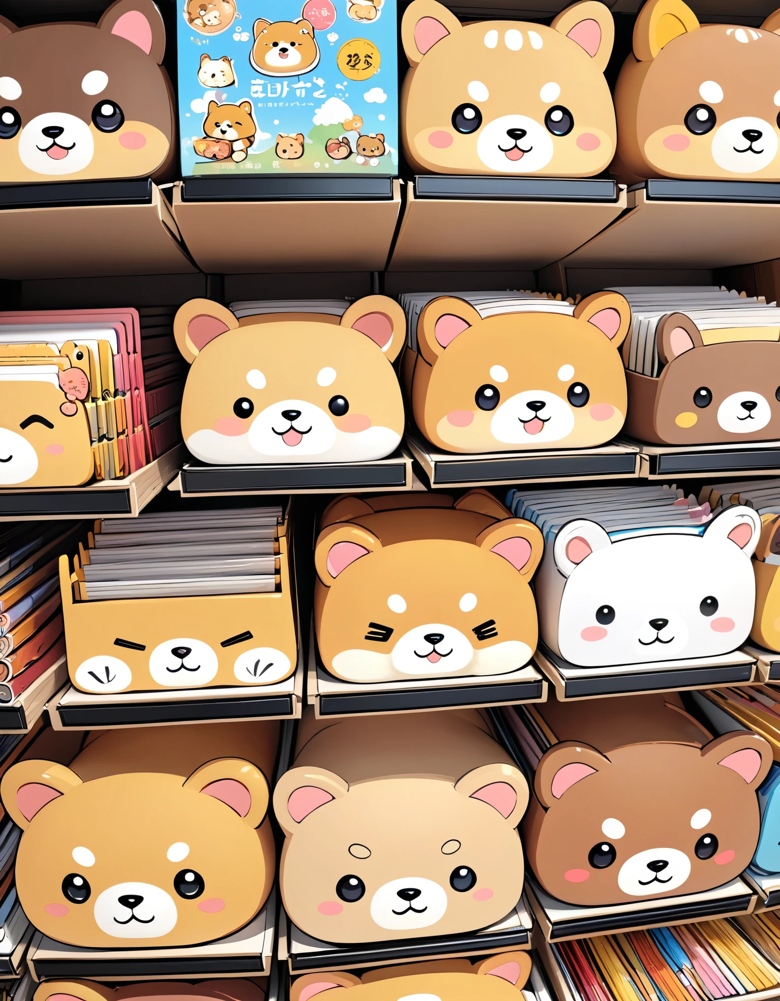 (masterpiece:1.2, Highest quality,Highest quality,Very detailedな:1.2),(Very detailed),8k,(A row of stationery featuring small Shiba Inu characters,Stationery section,cute,Deformation,Very simple design,Rilakkuma style)