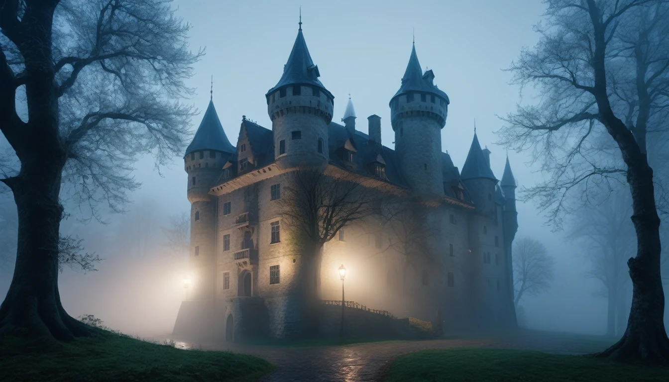 an old castle.It was a cold night, with a thick fog enveloping the trees. PICTURE REALISTIC, high resolution, 8k 