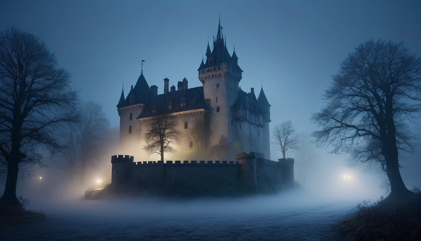 an old castle.It was a cold night, with a thick fog enveloping the trees. PICTURE REALISTIC, high resolution, 8k