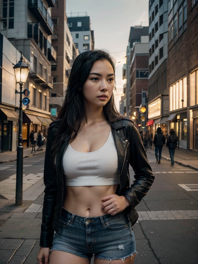 Jessica Henwick with long black hair wearing a black leather jacket, a white tank top, and denim shorts, standing in a city street, (best quality,4k,8k,highres,masterpiece:1.2),ultra-detailed,(realistic,photorealistic,photo-realistic:1.37),beautiful detailed eyes,beautiful detailed lips,extremely detailed eyes and face,longeyelashes,urban environment,city buildings,street lamps,cinematic lighting,warm tones