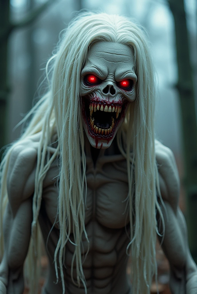 terror, humanoid crature, red eyes, hideous smile, nature, halloween trees, long white hair, bloody