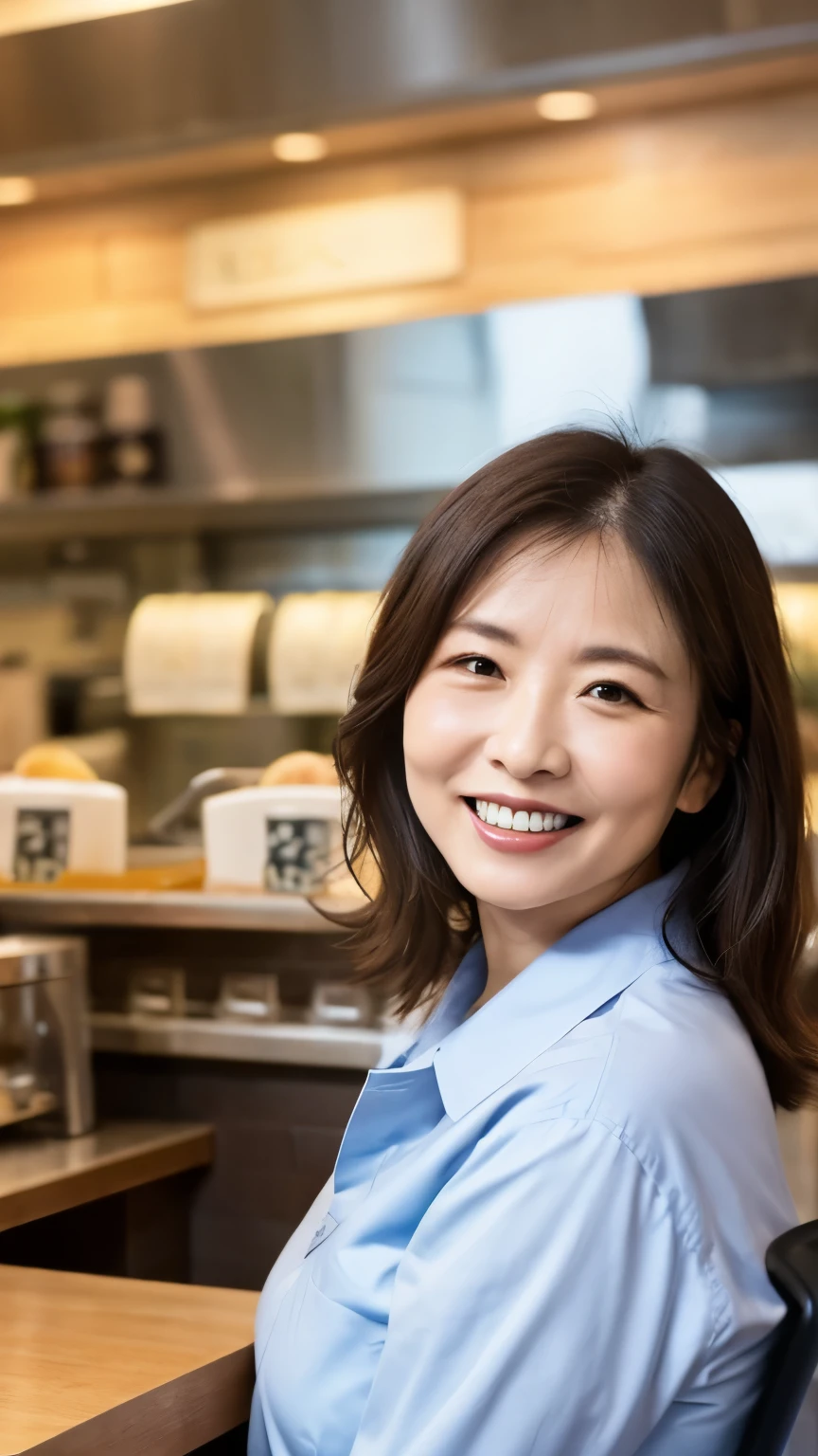 8k wallpaper, masterpiece, Highest quality, Very detailed, One Mature Woman, 50 years old, Become very clear, Wearing a spring-like shirt, Skin dents, Captivating smile, Looking at the audience, , Plump, Curvaceous, Attractive face, Smiling with teeth showing, I was happy, sitting in a cafe, Background Blur