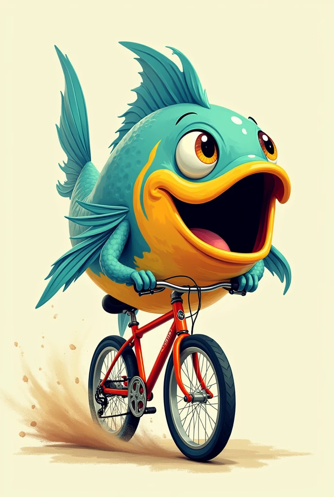 A picture of a fish with a big black mouth, riding a bike