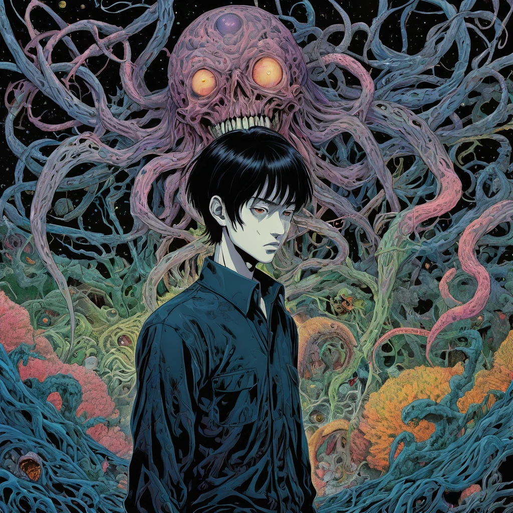 male model, horror-themed lovecraftian horror Junji Ito, Raw digital photo, Film Washi, "The Frost of (80s style:0.65) (hand drawn, anime:1.2) (girl:0.8) , analogue vhs distortion, intricately detailed linework, vibrant colors", Hisui Sugiura, Intricate and vivid depiction of Junji Ito's work in film form. The artist's signature style is evident throughout, from the detailed linework and vibrant colors to the subtle analogue VHS distortion. The image captures a man in his natural habitat, surrounded by intricate details that bring the scene to life. The overall effect is a stunning representation of Ito's unique vision. Hisui Sugiura Assistant has done an excellent job in capturing the essence of this iconic artist's work. The image is a true masterpiece. . eldritch, cosmic horror, unknown, mysterious, surreal, highly detailed . eerie, unsettling, dark, spooky, suspenseful, grim, highly detailed