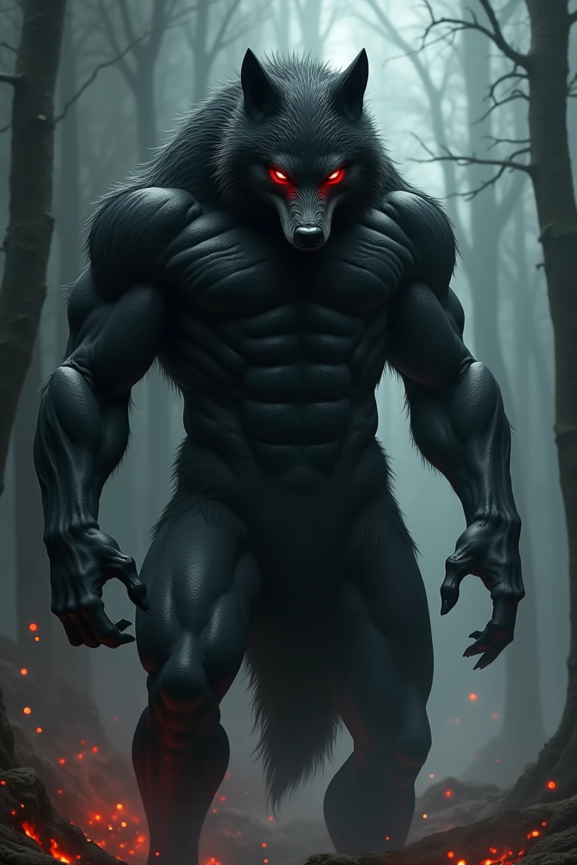 Werewolf: hybrid type between man and wolf, carmine red eyes, jet black fur, with defined muscles, alfa, high, Raised, imposing, with reasoning