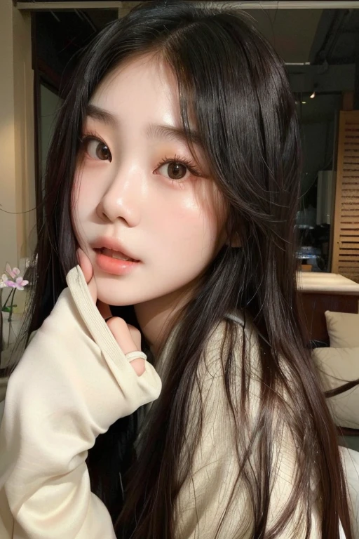 there is a woman with long hair posing for a picture, young adorable korean face, korean girl, young cute wan asian face, wan adorable korean face, beautiful south korean woman, ulzzang, south east asian with round face, korean face features, beautiful young korean woman, gorgeous young korean woman, beautiful round face, with round face, beautiful aesthetic face