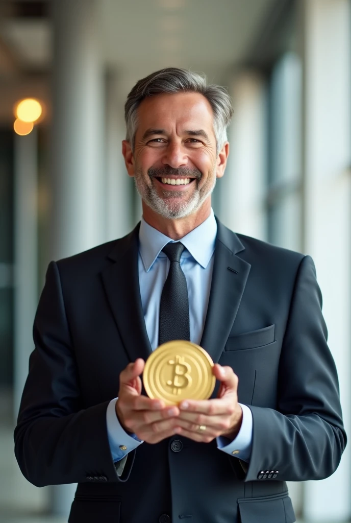 Very happy modern man in a suit with a coin in his hands 
